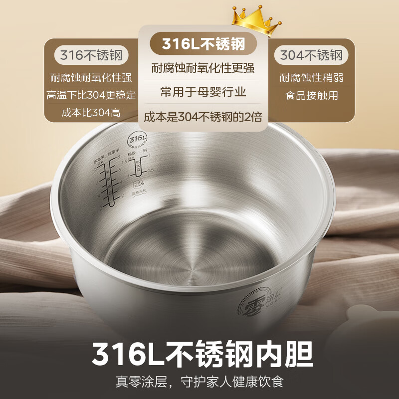 美的(Midea)电饭煲0涂层电饭锅5L大容量316L不锈钢内胆4-5人无涂层家用多功能微压电饭煲 MB-RE576S高清大图