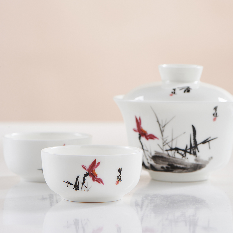 北国风光 骨瓷旅行茶具 映日荷花TS-0118 套高清大图