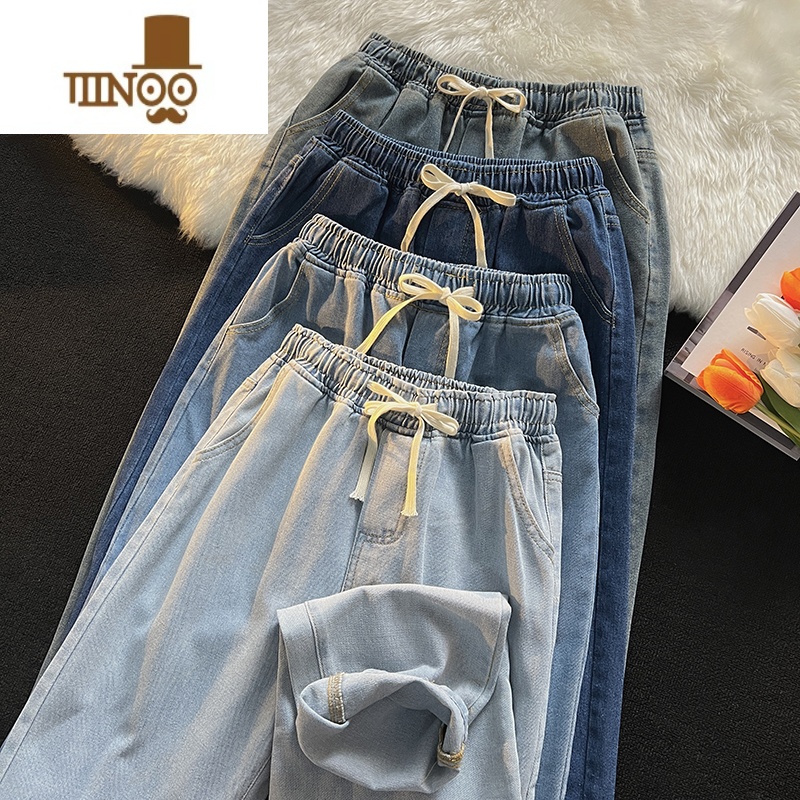 YANXU日系松紧腰牛仔裤男夏季薄款直筒宽松潮牌高街阔腿裤休闲长裤高清大图