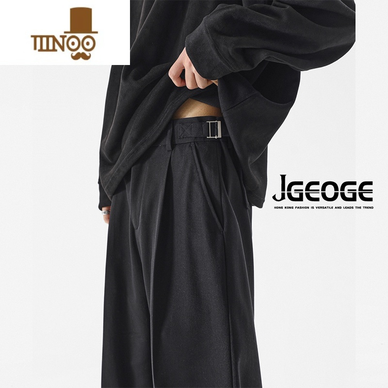 YANXU黑色西装裤子男潮流宽松百搭直筒西裤夏季休闲凉感冰丝裤高清大图