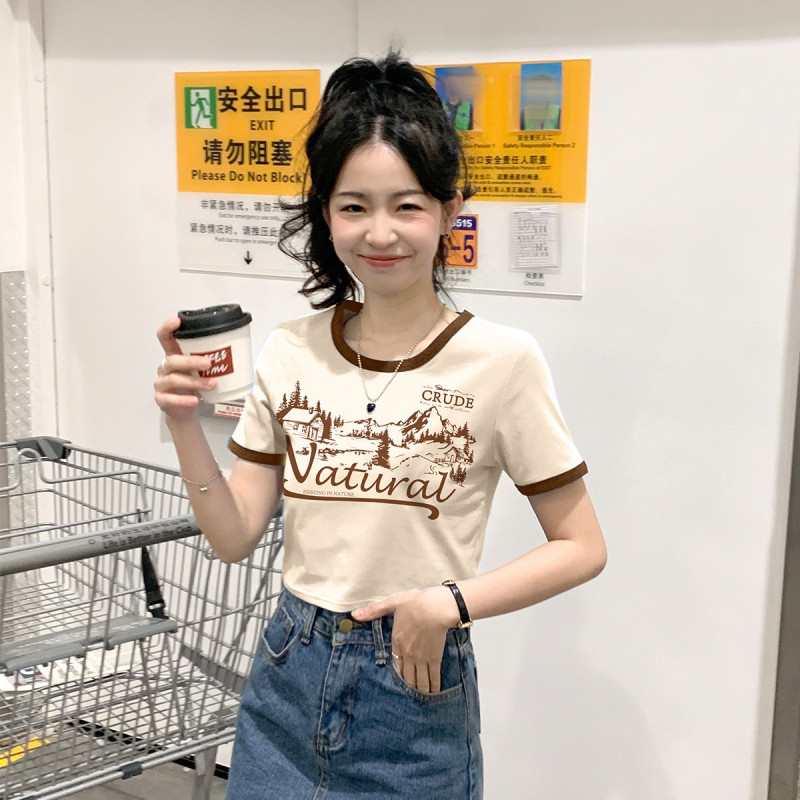 [1.5折价31元]唐狮短袖T恤女夏季短款圆领撞边美式复古风小众辣妹装潮
