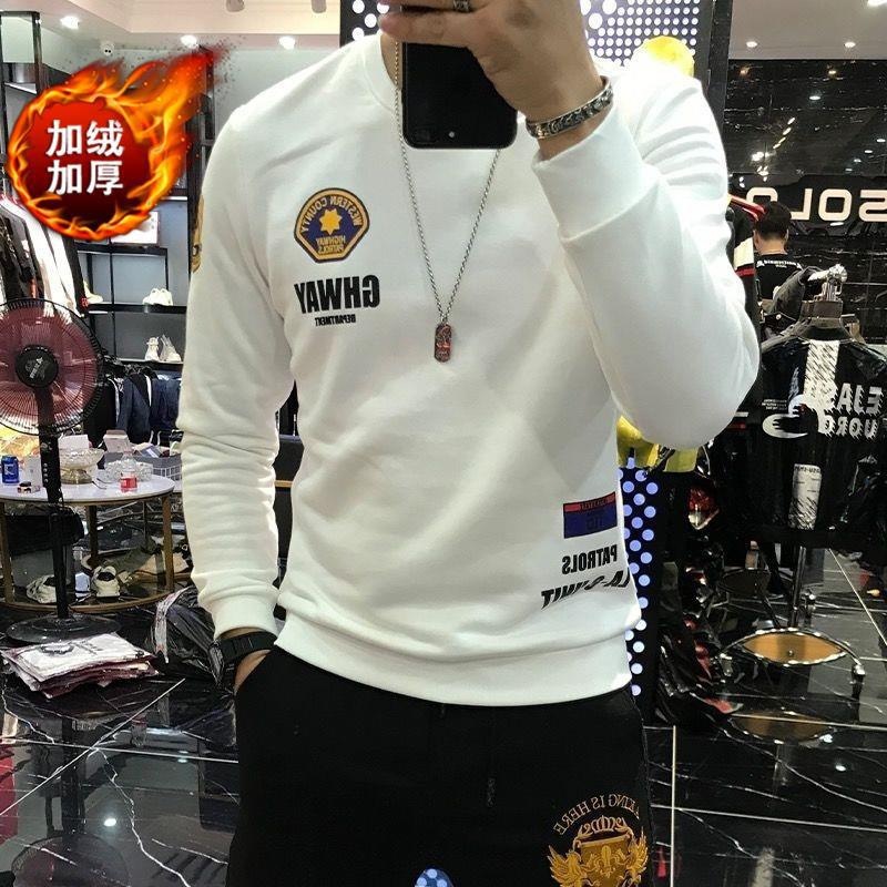 欧货春秋季卫衣男加绒加厚圆领修身韩版潮流印花青年长袖T恤打底 【加绒加厚】3501款章仔卫衣白色 3XL