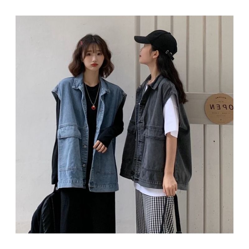 2020港味牛仔外套女韩版宽松学生春秋新款bf风工装坎肩牛仔马甲
