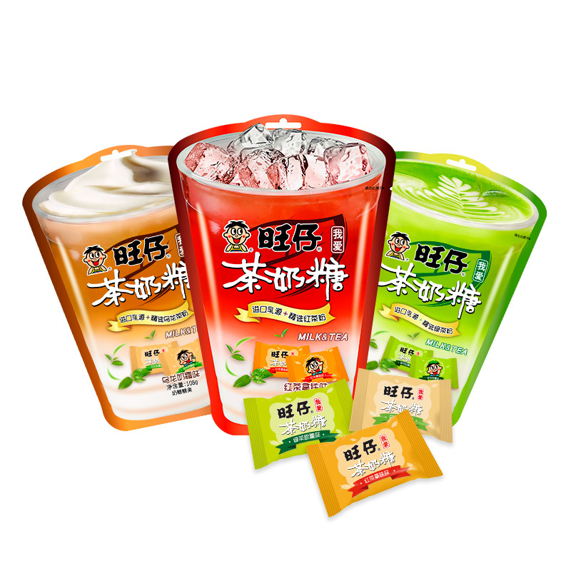 旺旺旺仔茶奶糖零食糖果软糖奶茶糖散装红茶拿铁味组合装108g3视频