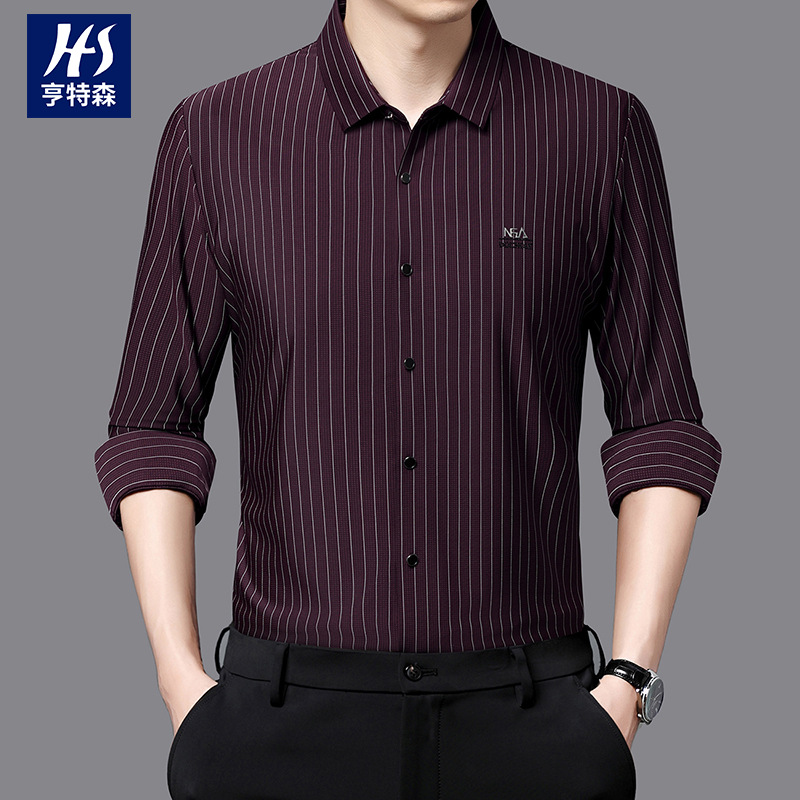 秋季新款长袖衬衫男款条纹中年爸爸装商务透气打底衬衣男士高清大图