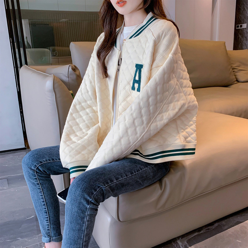 唐狮冬季外套女宽松菱形格棒球服外套短款小众设计感潮