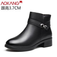 奥康女鞋冬季新款女棉鞋牛皮加绒保暖防滑中年妈妈皮鞋粗跟短靴子 40码 黑色