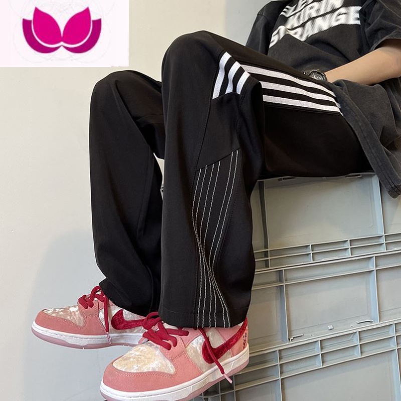 七斓高街裤子男夏季薄款宽松直筒休闲裤潮牌ins欧美侧边条纹运动卫裤