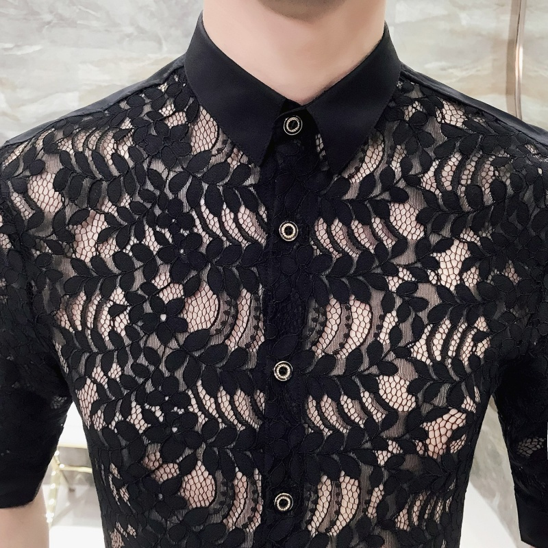 短袖衬衫男韩版18夏男修身型师七分袖工作服蕾丝镂空中袖衬衬衣