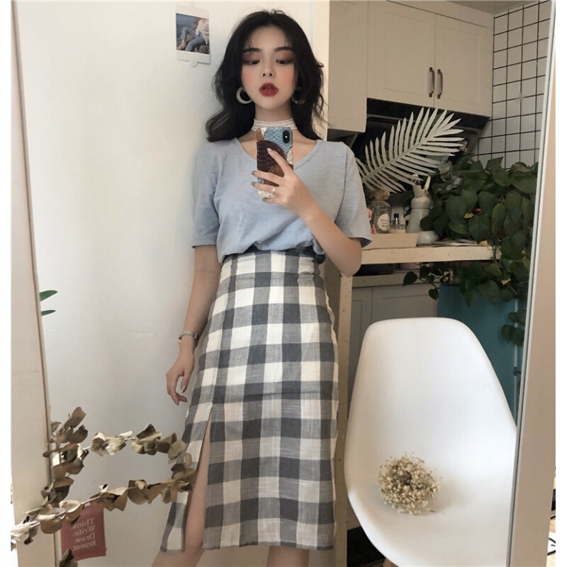 大码高腰格子中长款复古开叉半身裙女夏季胖mm显瘦a字包臀裙200斤
