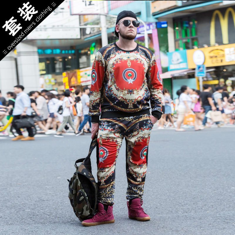 印花男士大码男装加肥加大套头休闲运动卫衣套装男图片色