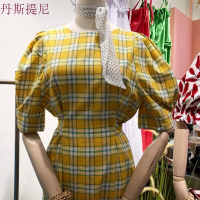 特惠2018夏装复古格子圆领短袖连衣裙休闲宽松中长款韩版裙子女装 黄色 均码