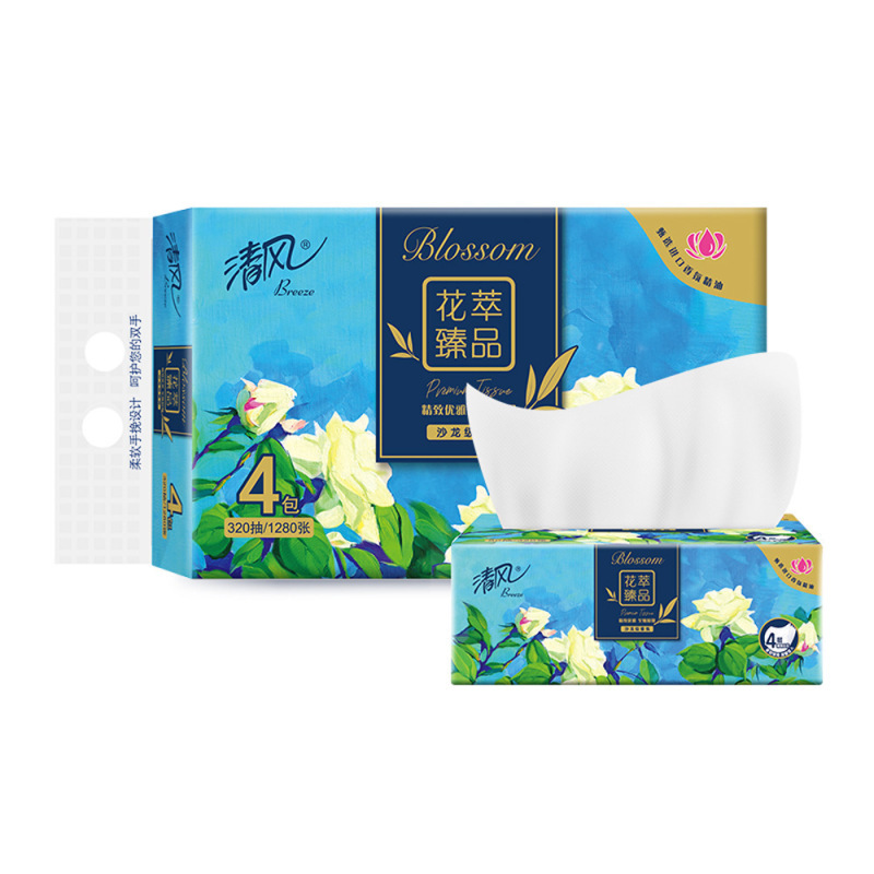 清风抽纸花萃系列花香4层80抽4包压花纸巾餐巾纸卫生纸家用4提装