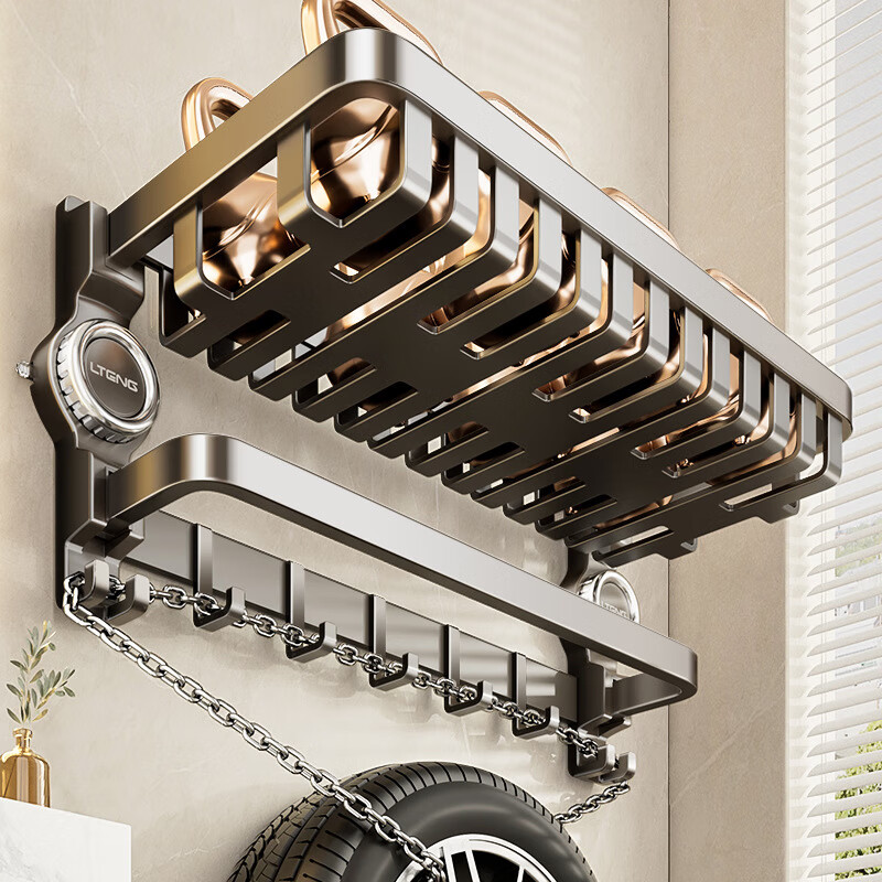 丽佳邦枪灰色卫浴毛巾架套装枪灰吸盘双折叠网篮挂钩挂 50cm高清大图