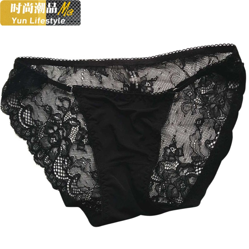 yunwuxin3条装内裤女蕾丝低腰女士黑色内裤性感镂空透明内裤内裤