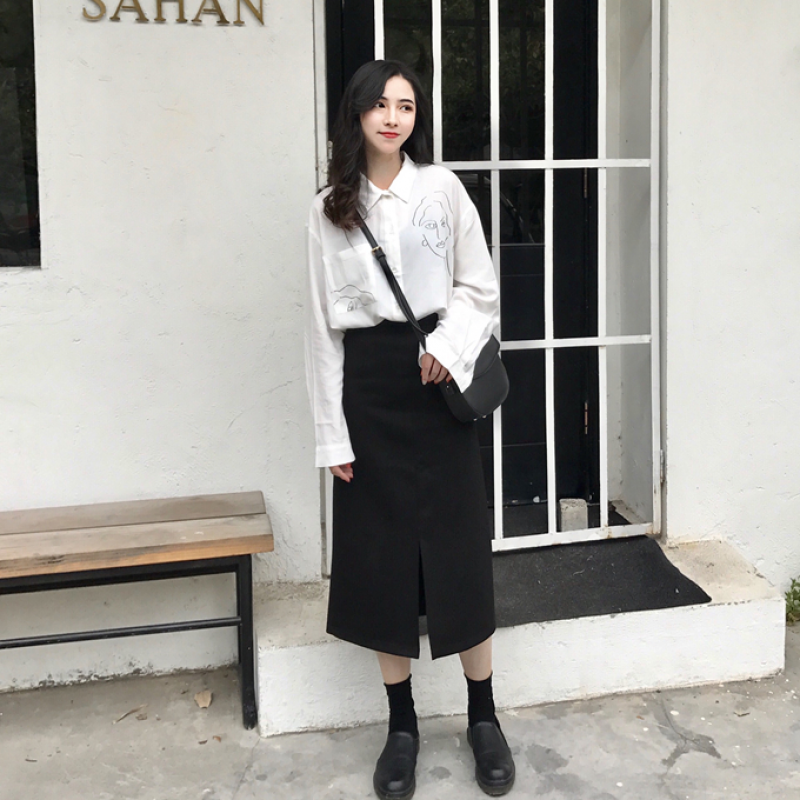 春季韩版百搭开叉A字半身裙女显瘦高腰包臀中长裙修身一步裙黑色