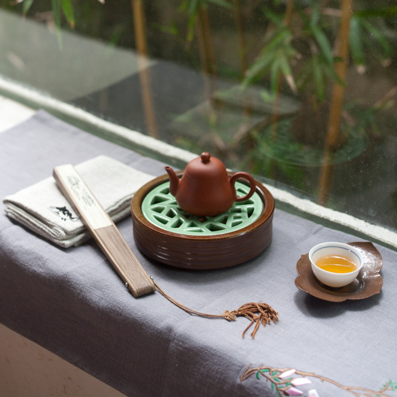美帮汇小轩窗壶承壶托干泡台储水式茶盘仿古镂空陶瓷圆形手工小茶盘高清大图