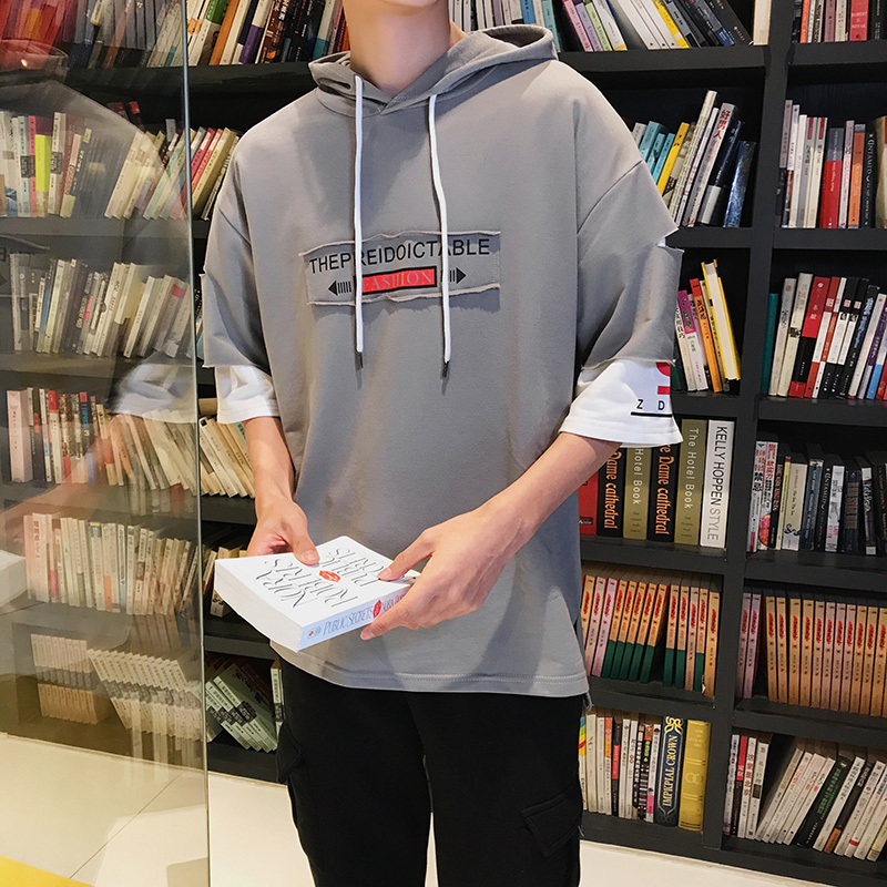 原创港风大码男装5分袖T恤青少年宽松假两件半袖连帽衫印花短袖潮