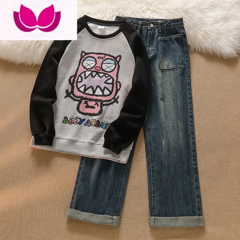 七斓穿搭不重样!慵懒风插肩袖小众卫衣女阔腿牛仔裤洋气炸街套装冬装高清大图