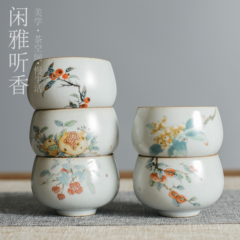 景德镇汝窑日式中式功夫陶瓷复古单杯喝茶碗闻香杯品茗杯主人茶杯 三维工匠 月白汝窑宽口杯-枇杷高清大图