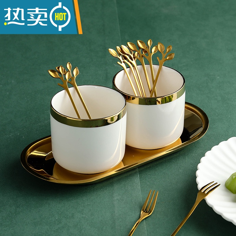 敬平水果叉套装创意可爱家用不锈钢叉子ins北欧水果签果插欧式小奢华 绿金收纳罐1个高清大图