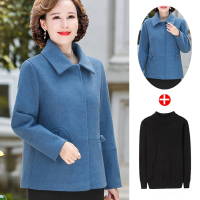 恒源祥中年妈妈秋装羊毛呢外套2024新短款中老年女春秋双面呢上衣 L建议85-105斤 蓝色+打底衫