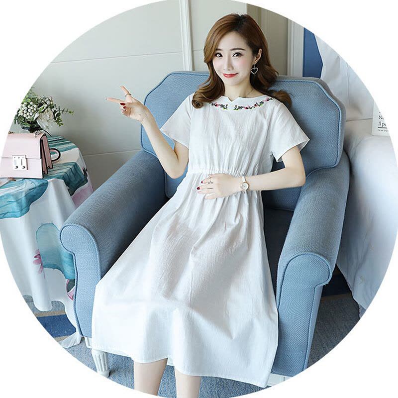 迪鲁奥(DILUAO)夏季短袖孕妇裙韩版长款宽松大摆孕妇装裙子A字裙夏装时尚绣花中长款休闲大码怀孕期连衣裙长裙遮肚显瘦潮图片