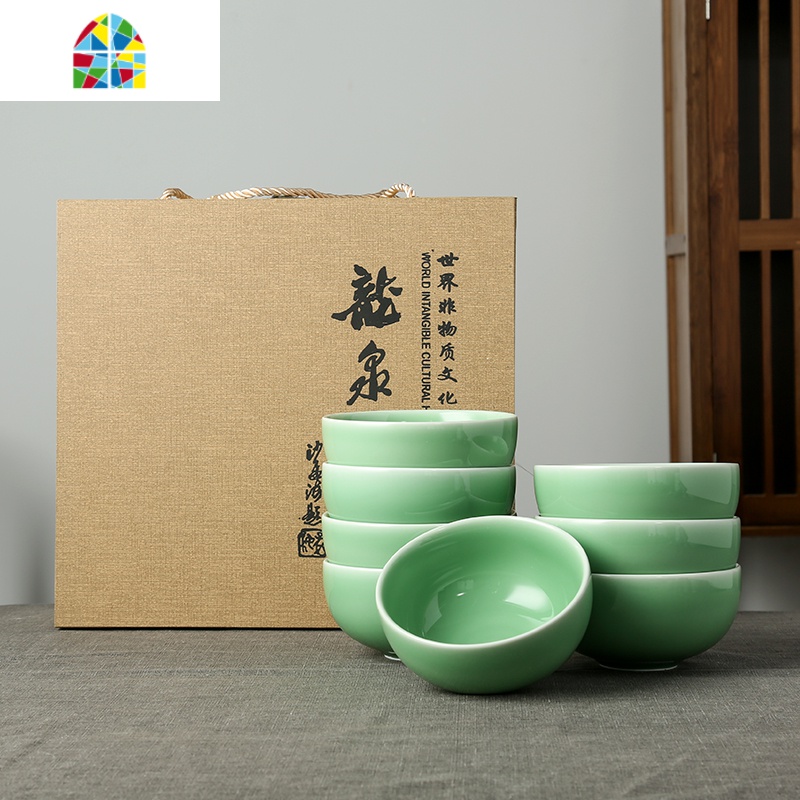 龙泉青瓷家用吃饭碗单个陶瓷餐具十个碗碟套装纯色米饭碗 FENGHOU 第窑梅子青8个(袋礼盒)高清大图