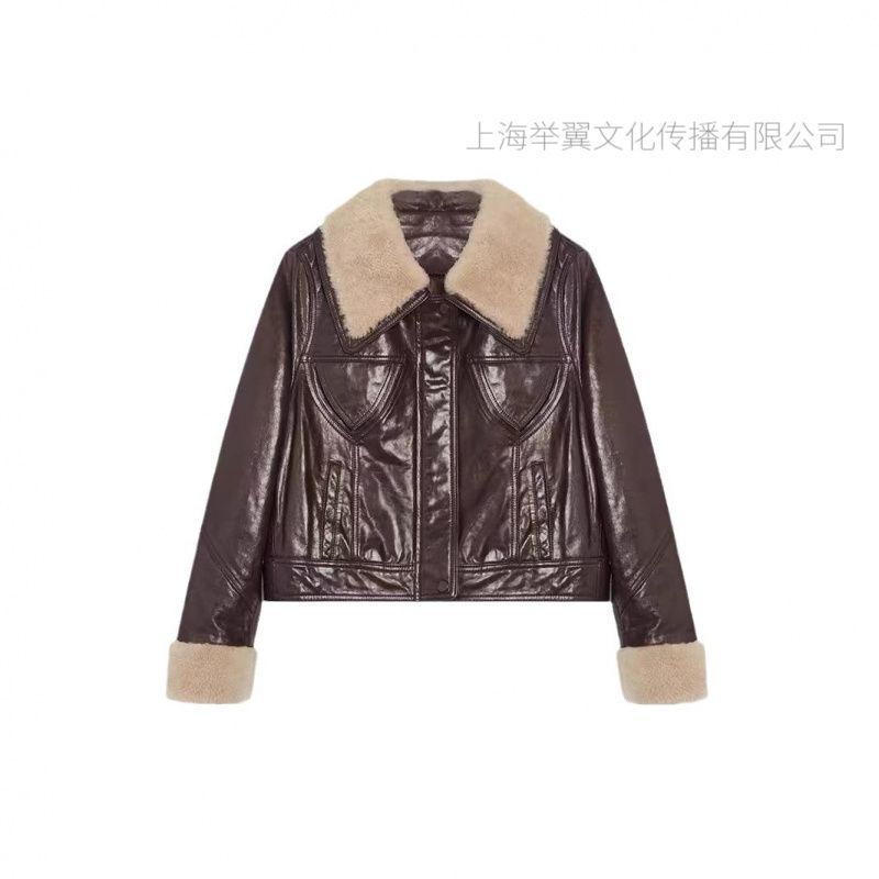 美式复古利奴皮毛一体毛领水晶油蜡绵羊皮真皮鹅绒服女短款夹克