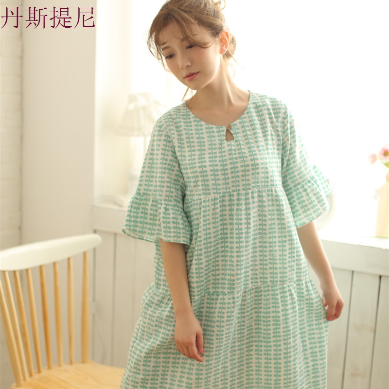 夏季新款日系蕾丝公主睡裙女纯棉纱布大码睡衣裙子短袖家居服