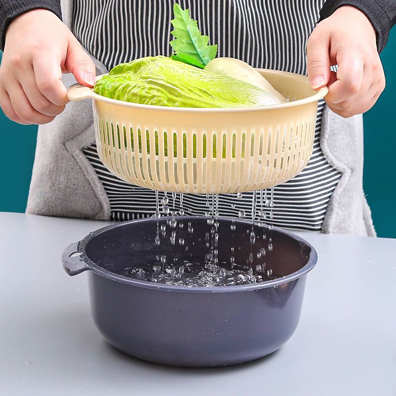塑料双层洗菜篮沥水篮 厨房洗菜篮子家用多功能圆形洗菜盆水果篮|大号长方形深蓝(2件套)