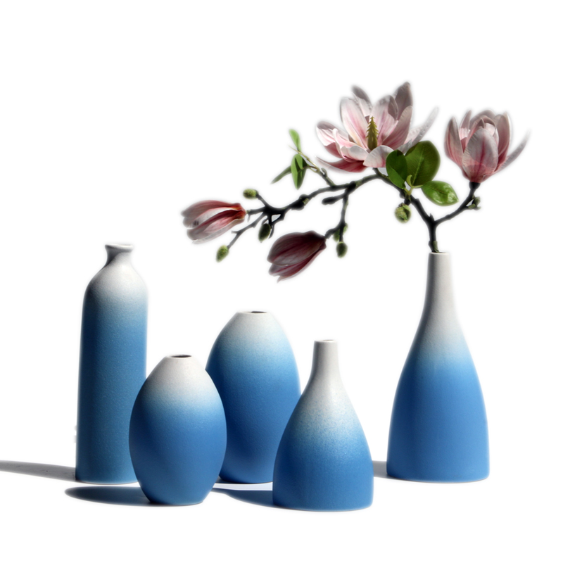 INS风北欧渐变陶瓷花瓶客厅插花工艺摆件清新干花装饰工艺品 三维工匠 兮年蓝大-渐变+粉色玉兰 中等高清大图
