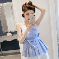 2018夏装韩范小清新条纹带背心V领无袖绑带收腰显瘦上衣女蓝白条纹