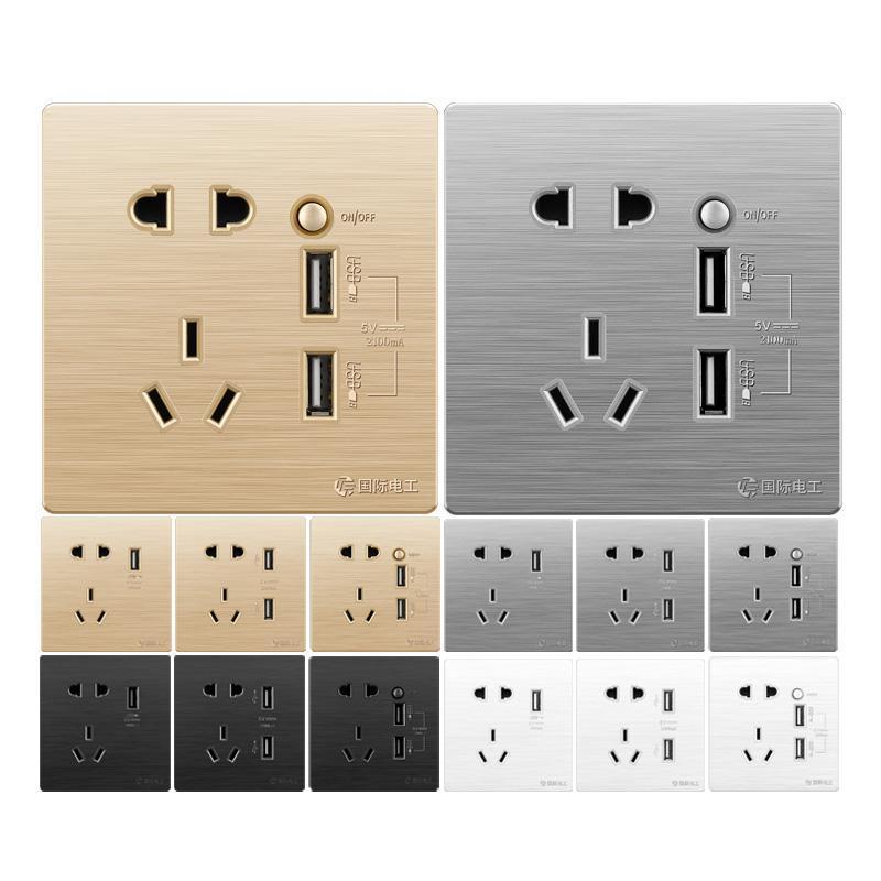 A款-横拉丝白/单USB[特价] 86型开关插座插线暗装墙壁5五孔四孔电源开充电插排多孔带usb面板