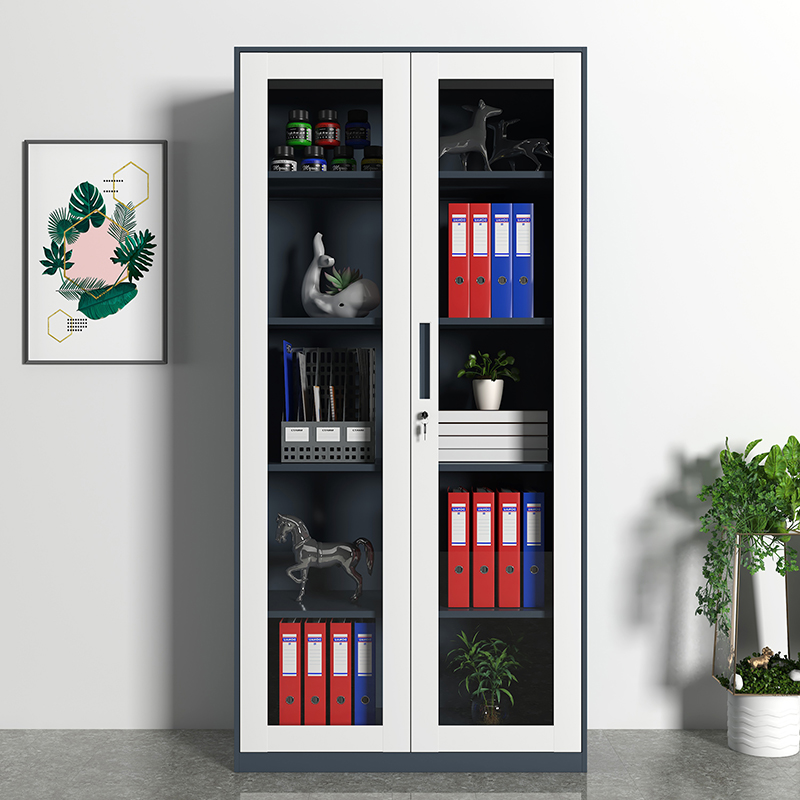 初嘉WJGT-003钢制文件柜窄边资料柜拆装档案柜带锁储物柜灰白套通玻文件柜