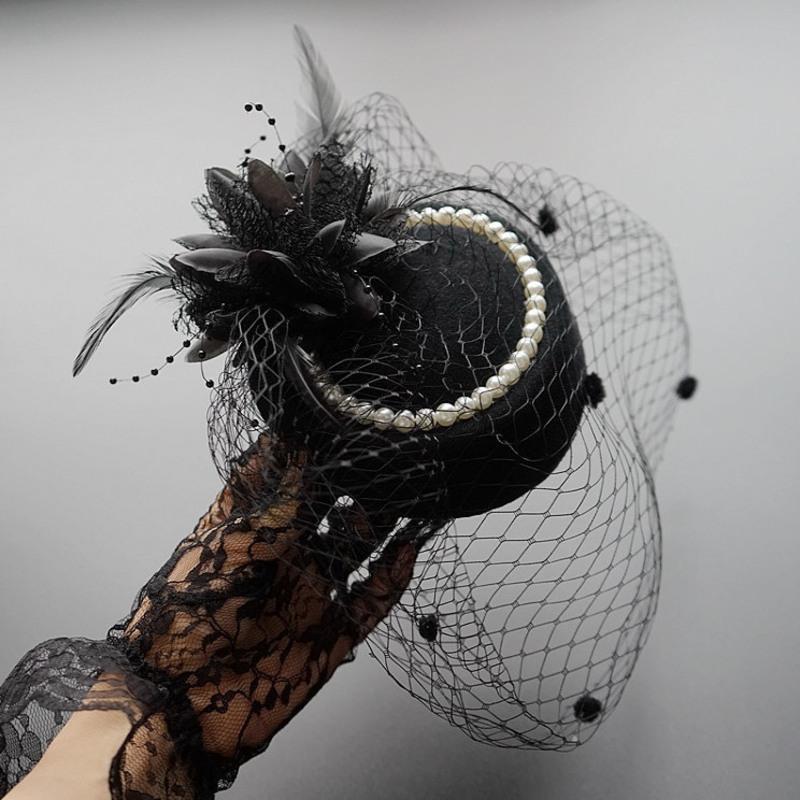 小礼帽女头饰名媛旗袍配饰民国新娘帽面纱晚宴礼服发饰复古网纱帽黑色