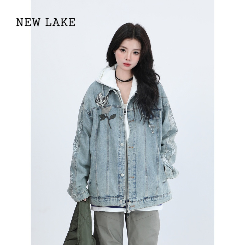 NEW LAKE[坐吃山空]国潮小众设计感玫瑰牛仔外套女春季新款百搭休闲夹克