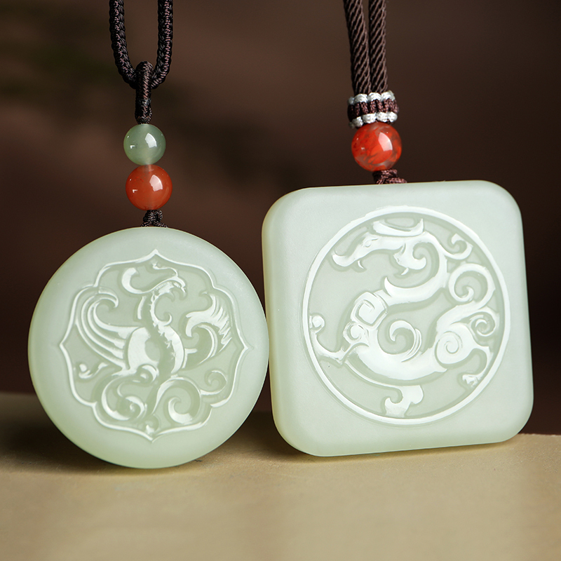 印象眸设计师原创和田玉龙凤牌吊坠羊脂白玉龙凤呈祥情侣款玉牌挂件