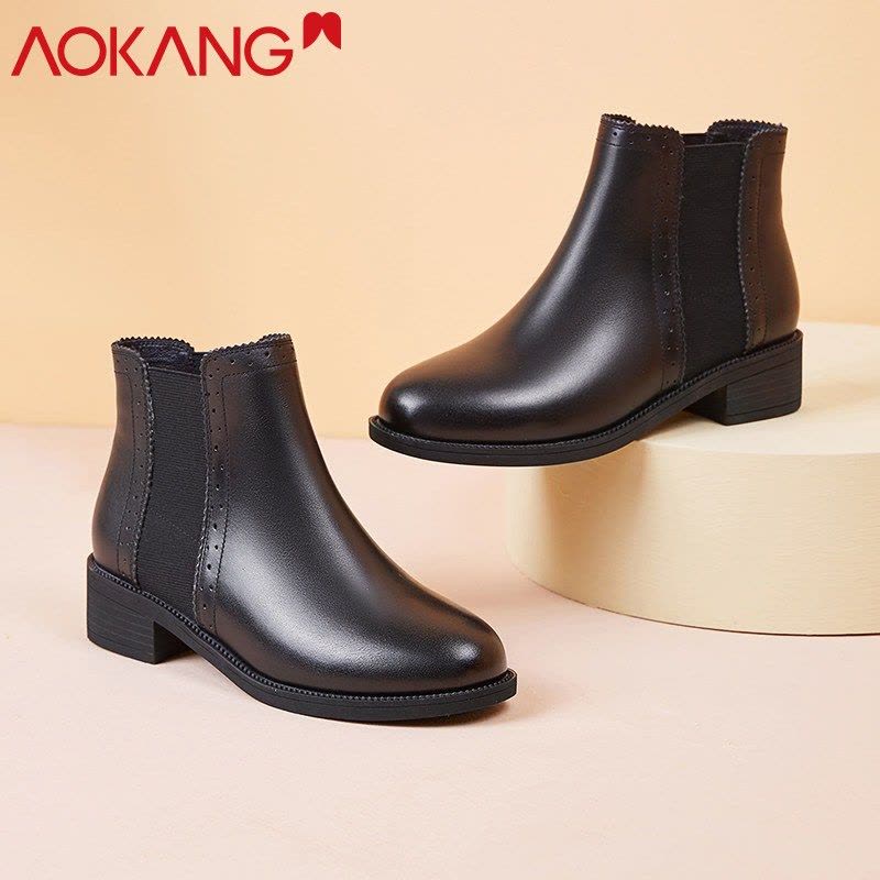 奥康女鞋切尔西短靴女牛皮雕花踝靴小皮鞋英伦风粗跟单靴子图片