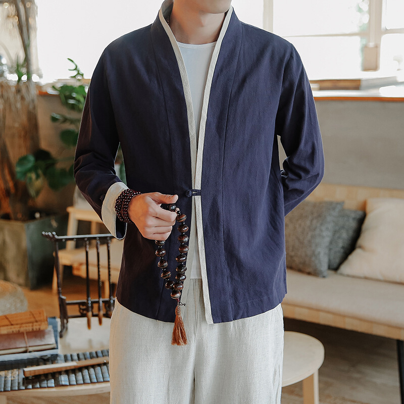 春夏中国风亚麻长袖衬衫男青年纯色盘扣唐装男士宽松大码汉服衬衣