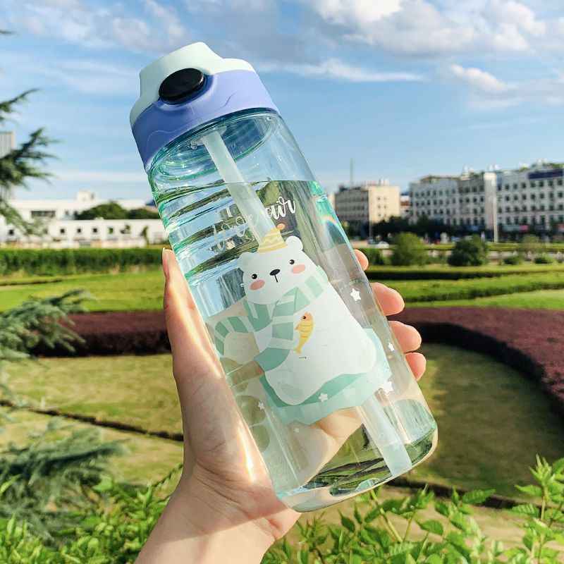 儿童水杯带吸管男女学生幼儿园防摔防漏杯子学饮杯便携大容量水壶 蓝色 560毫升 吸管杯