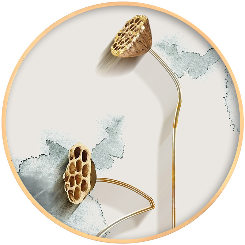 新中式水墨浮荷花禅意创意圆形实木装饰画现代墙壁贴纸