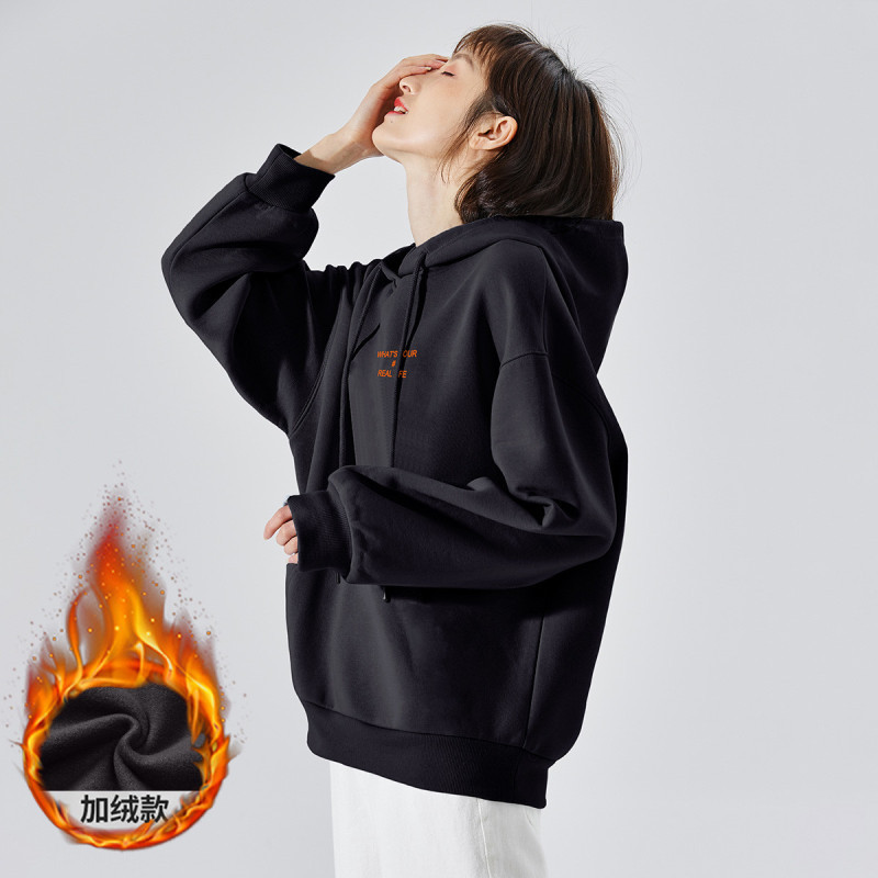 唐狮卫衣女连帽加绒卫衣女前胸字母绣花连帽卫衣女款卫衣宽松卫衣女