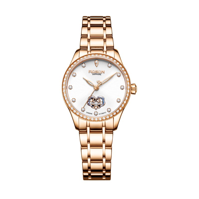 劳士顿(rosdn)手表女国产品牌潮流防水女士镂空钢带表带钻装饰自动