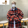 YANXU拼色翻领格子衬衫男秋季港风复古潮牌日系原宿风宽松工装休闲外套 XL 红色
