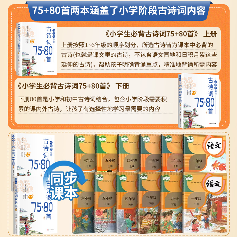 小学生必背古诗词75+80首 小学通用 [正版]小学生bi背古诗词75+80首上下册一二三四五到六年级人教版彩图注音75