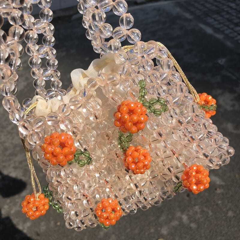 复古橘子汽水草莓串珠包 透明水晶少女亚克力串珠手工编织手提包 材料[橘子口红包]无内袋