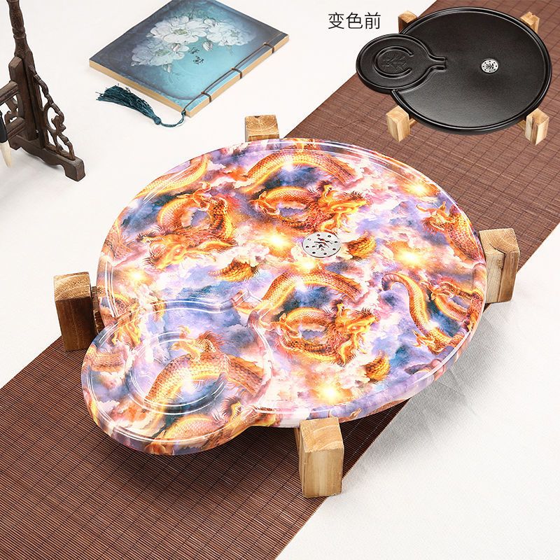 圆形茶盘家用石墨茶盘托盘遇热水变色茶具排水密胺茶盘功夫茶具变色