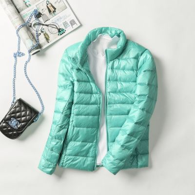 女式简约羽绒纯色女立领女装轻薄款羽绒服女士加大码_745402 L 豆绿