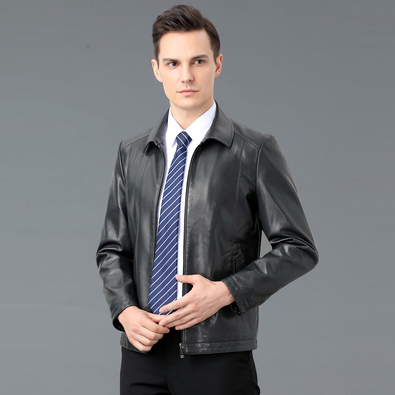 海宁秋冬加绒中年男士皮衣绵羊皮翻领宽松爸爸装休闲真皮皮外套翻领皮夹克休闲外套潮 2152灰绿翻领加绒 195/4XL